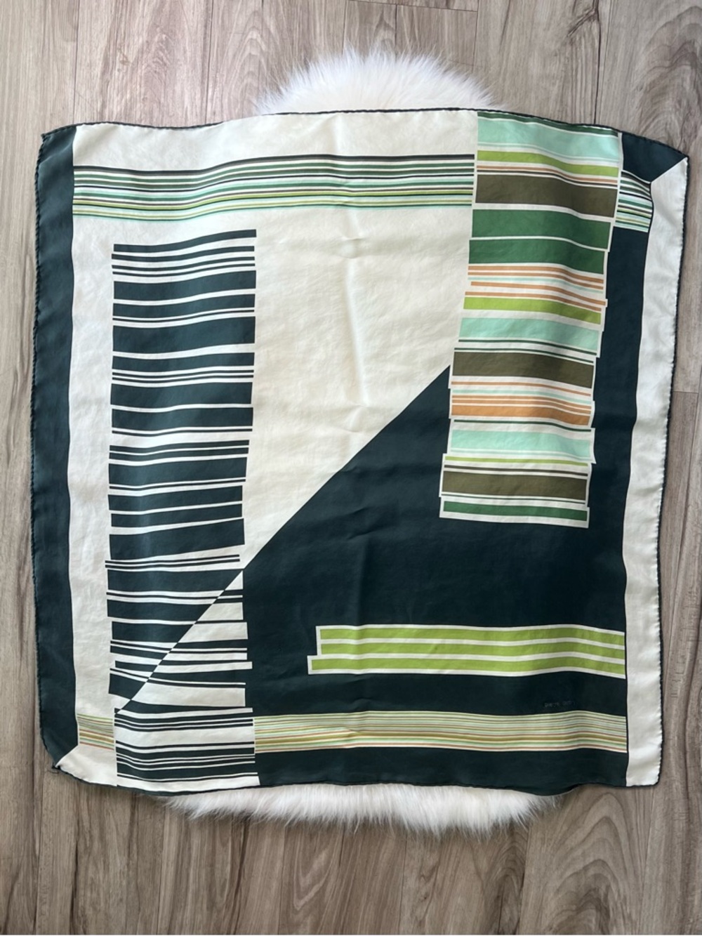 Vintage Pierre Cardin Silk Scarf Geometric Striped Cream, Dark Green, Mint, Tan